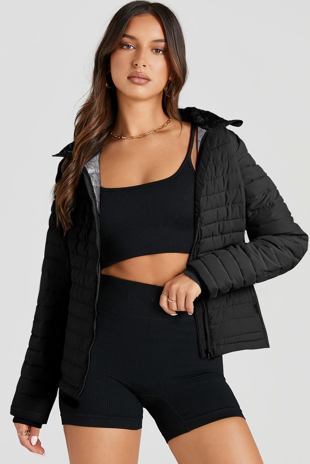 Black Solid Color Quilted Zip-up Puffer Jacket - Love Salve