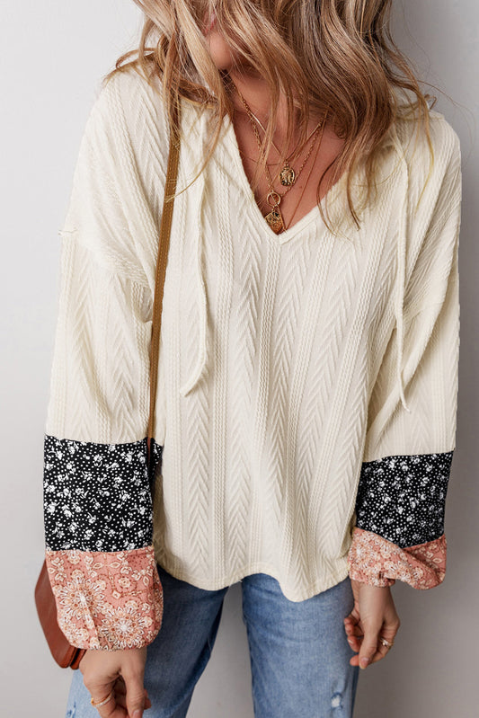 Love Salve  Beige Floral Patchwork Textured Knit Drawstring Love Salve