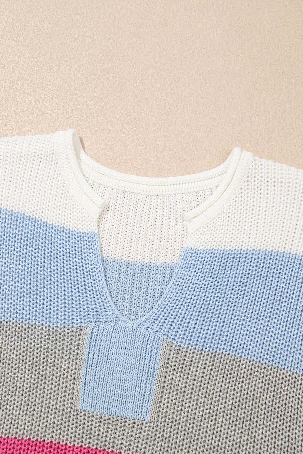 Light Blue Color Block Notch V Neck Sweater T Shirt for Women