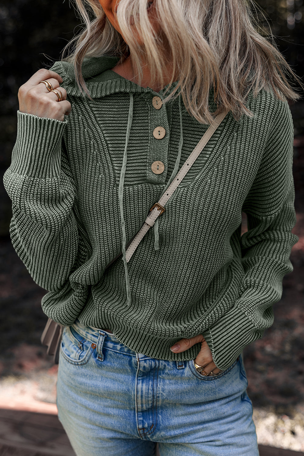 Mist Green Mineral Wash Ribbed Knit Hooded Sweater