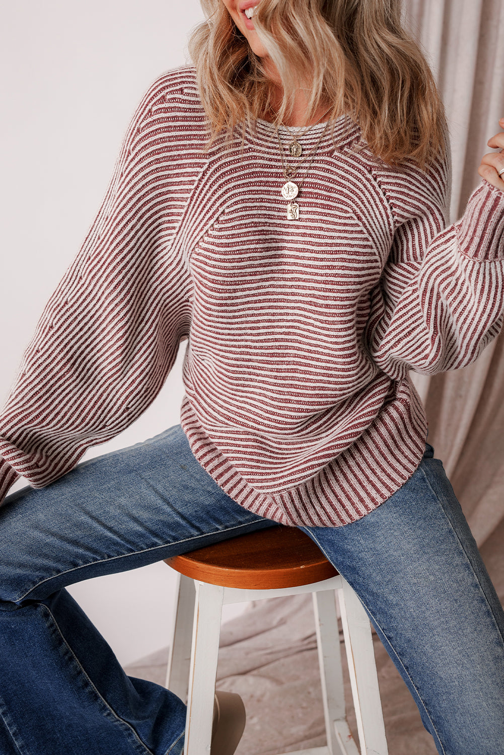 Premium Red Dahlia Striped Print Knit Boat Neck Baggy Sweater