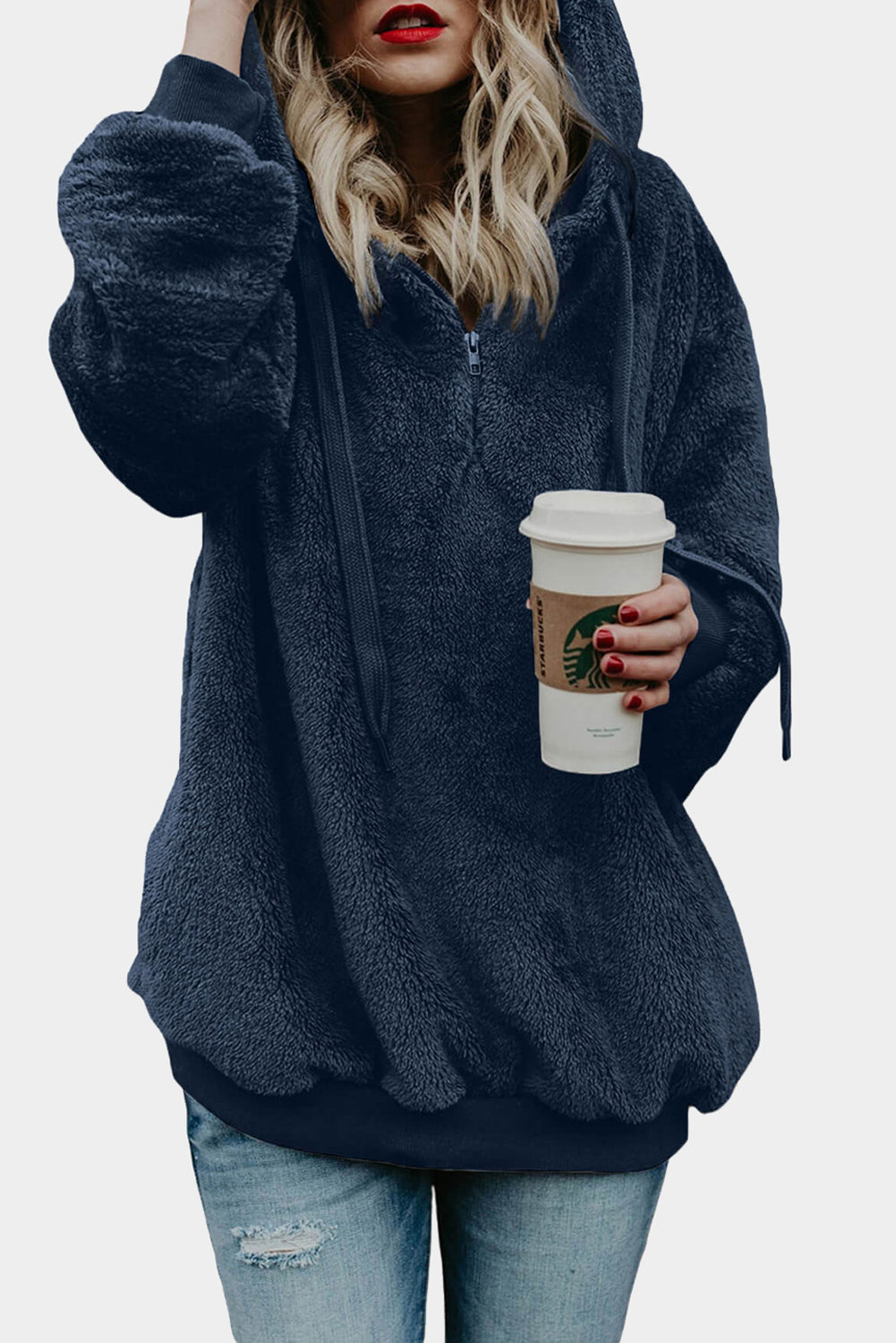 Premium Navy Warm Furry Pullover Hoodie Unisex Winter Sweatshirt