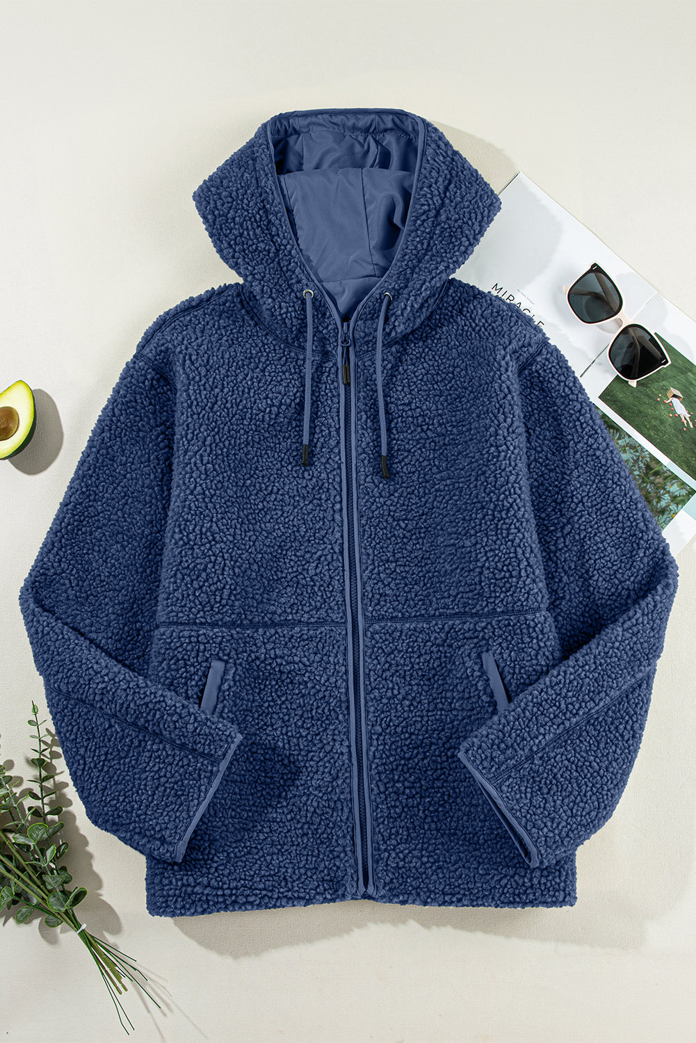 Navy Blue Fleece Zip Up Hooded Jacket With Front Pockets
