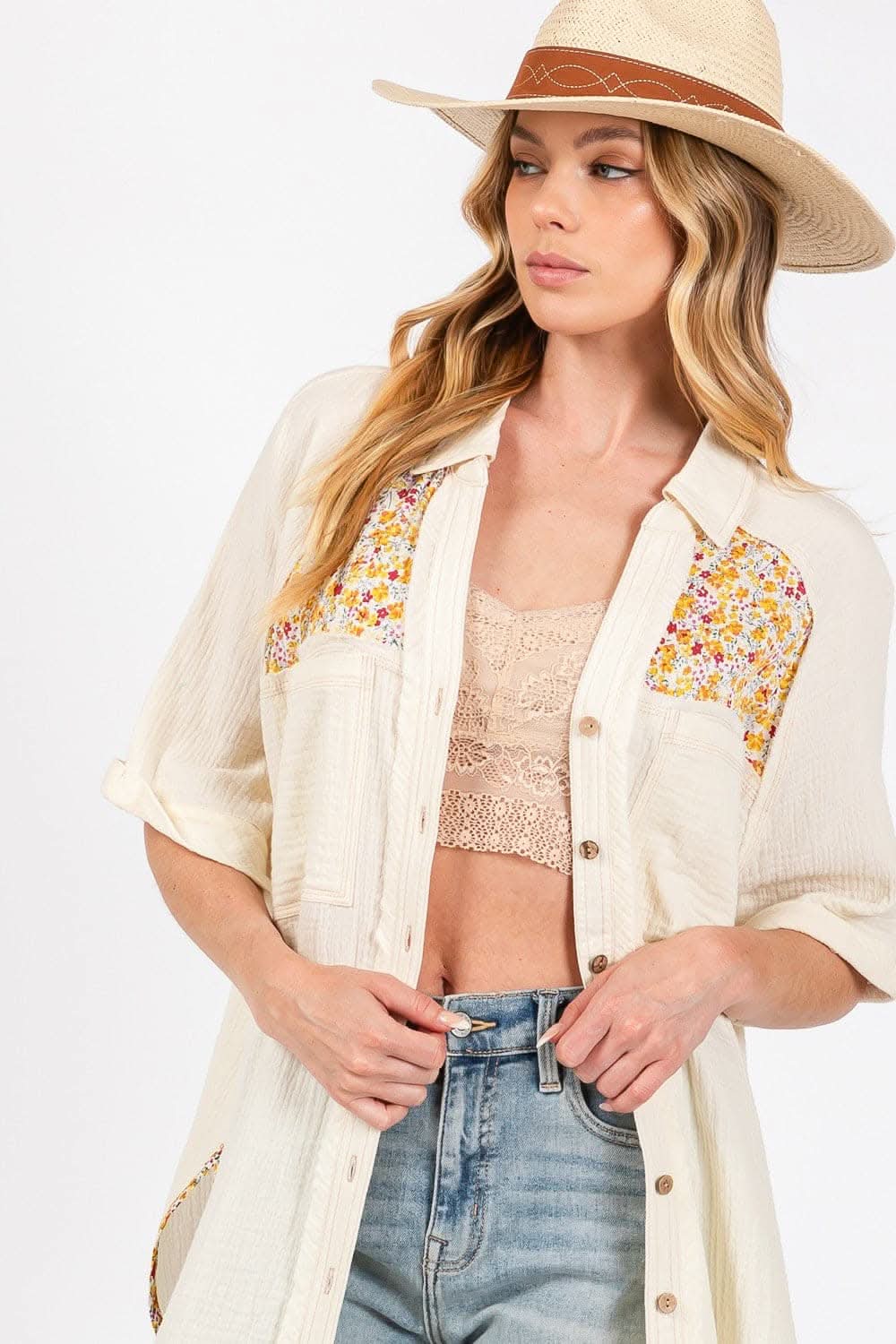 SAGE + FIG Full Size Floral Detail Button Up Short Sleeve Shirt - Love Salve