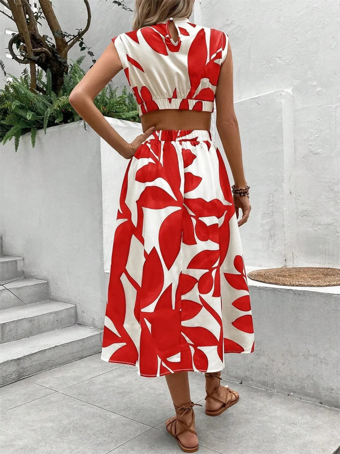 Tropical Cutout Cap Sleeve Midi Dress