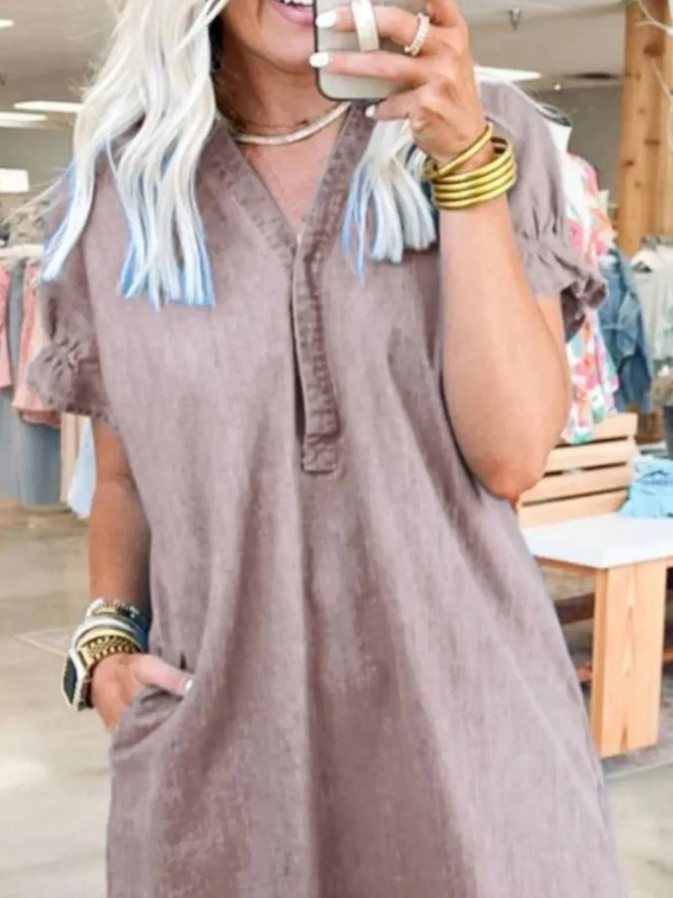 Full Size V-Neck Short Sleeve Denim Dress Plus Size