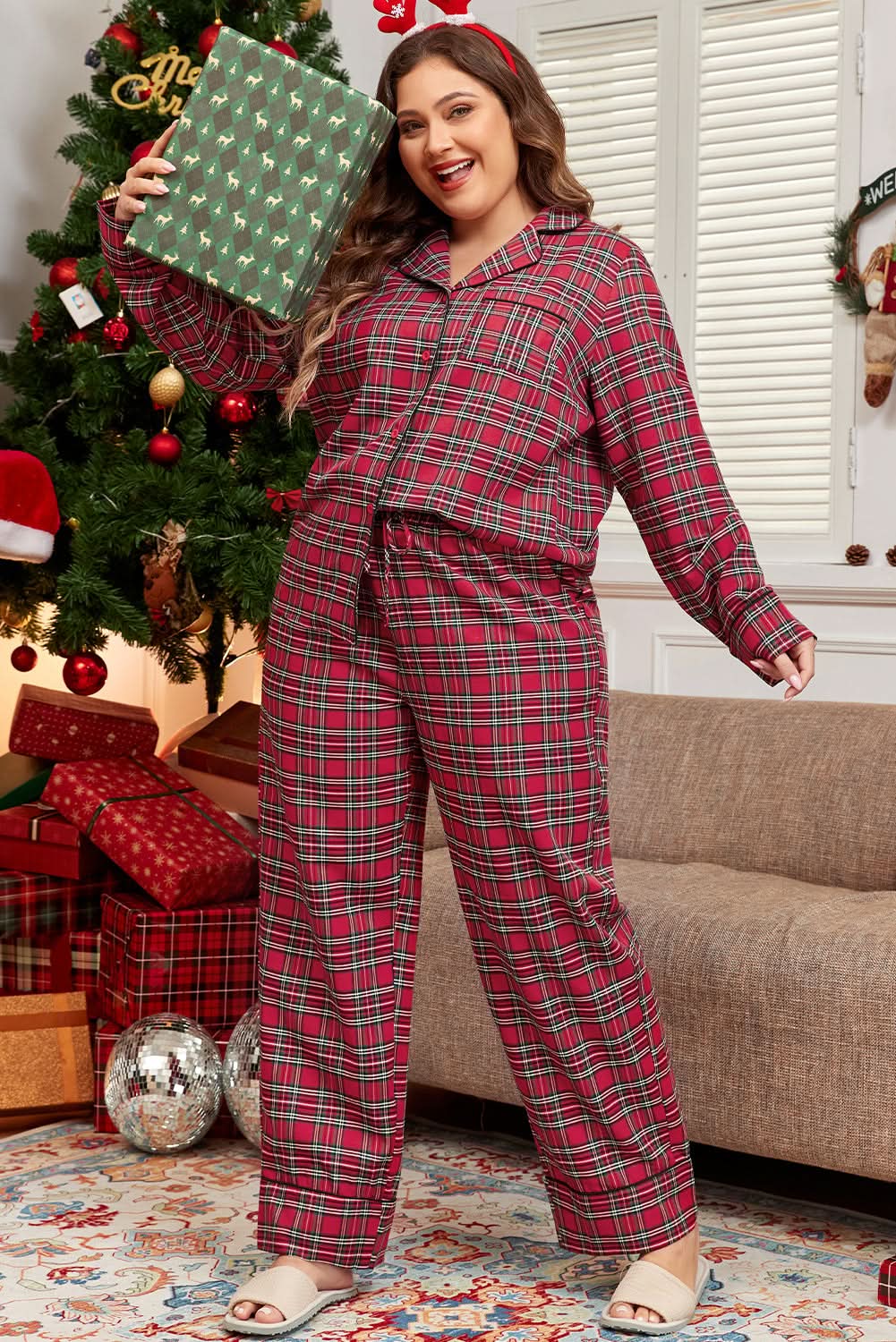 Cozy plus size red plaid lounge set - Love Salve