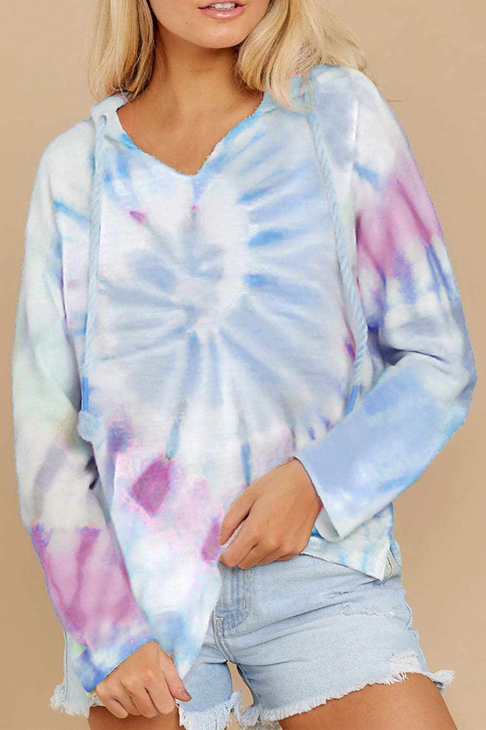 Colorful tie-dye hoodie with long sleeves, soft polyester blend.