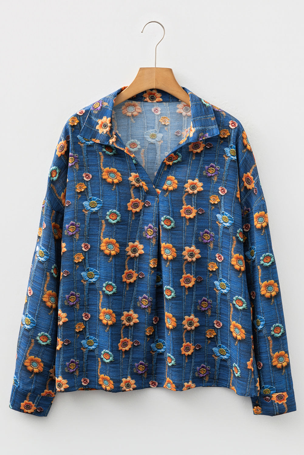 Premium Blue Floral Collared V Neck Roll Up Sleeve Blouse