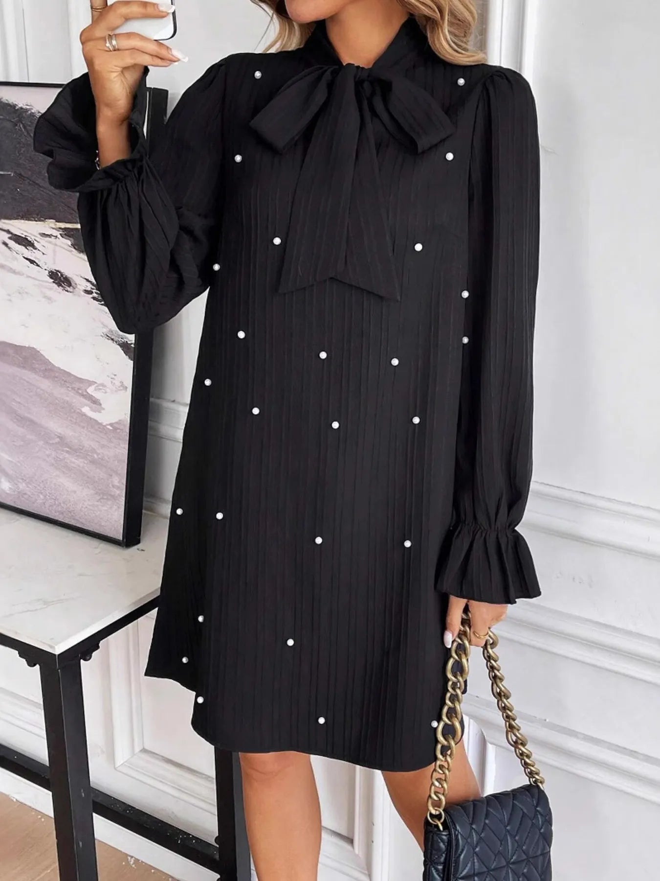 Pearl Embellished Bow Tie Flounce Sleeve Dress