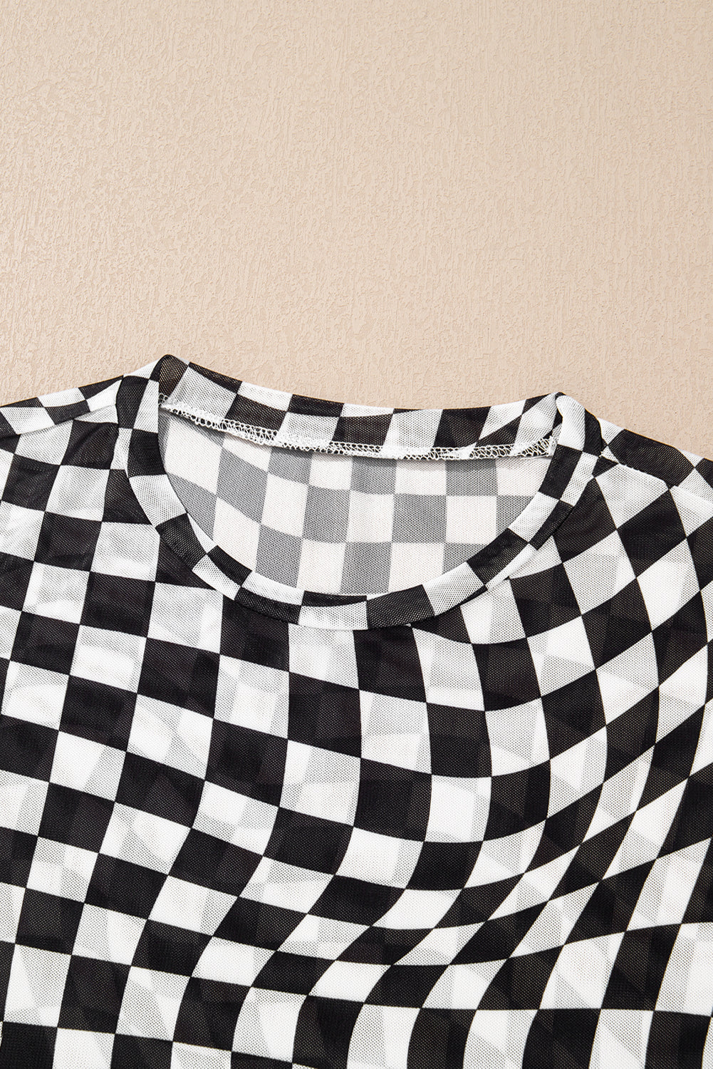 Black Checker Mesh Crew Neck T Shirt for Women Fashion