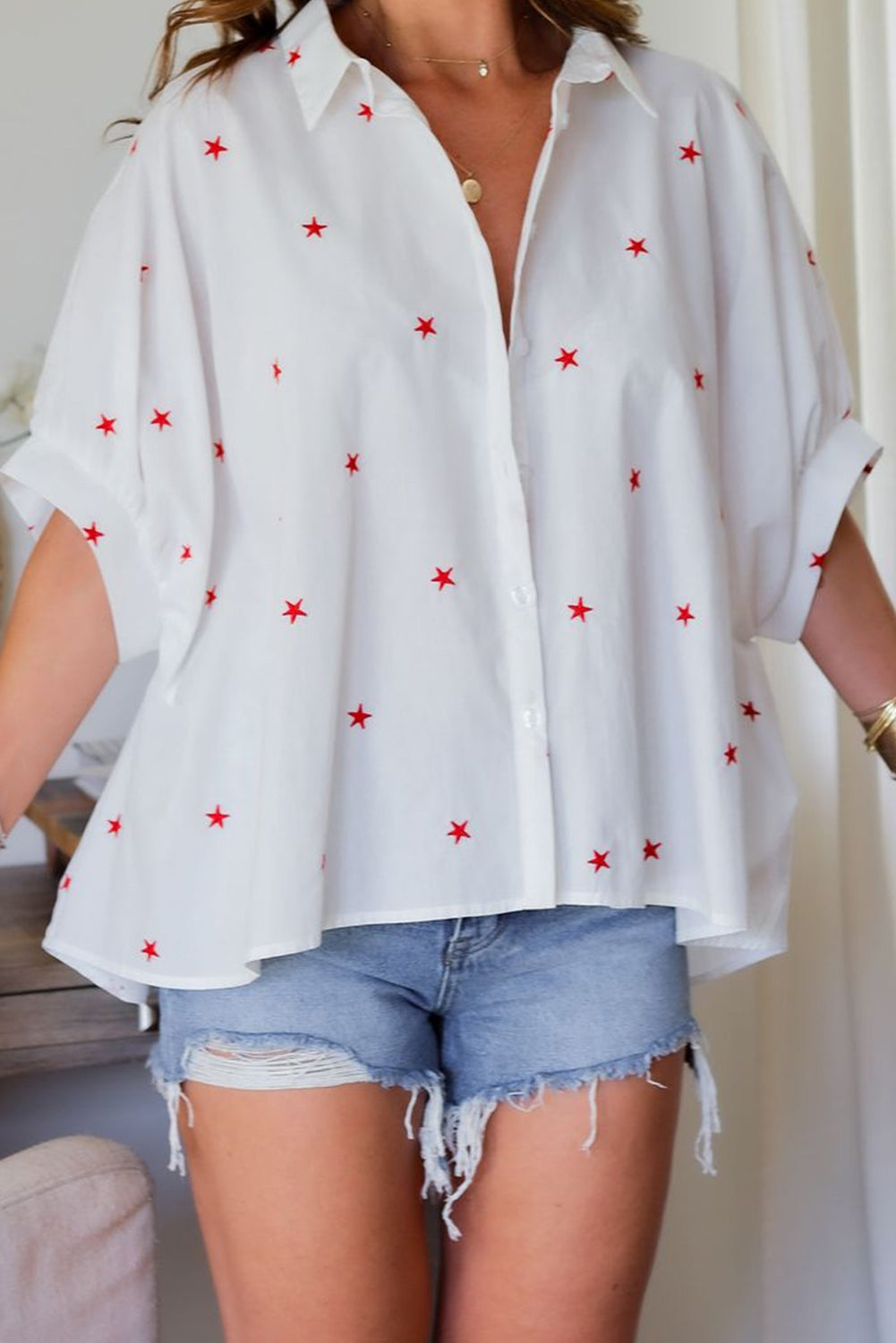 White Little Stars Printed Loose Half Sleeve Shirt for Women