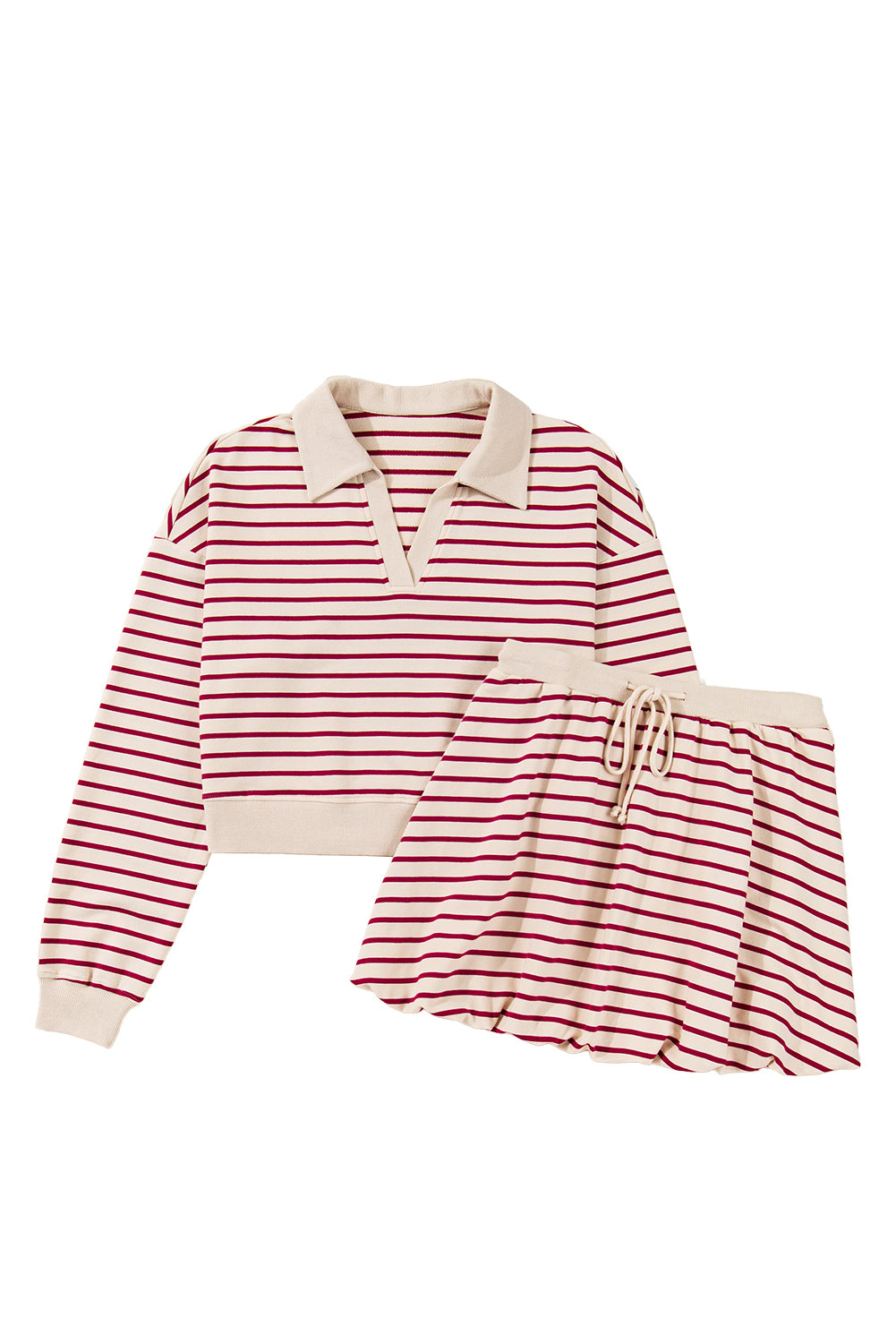 Red Stripe Cropped Collared Pullover and Bubble Mini Skirt