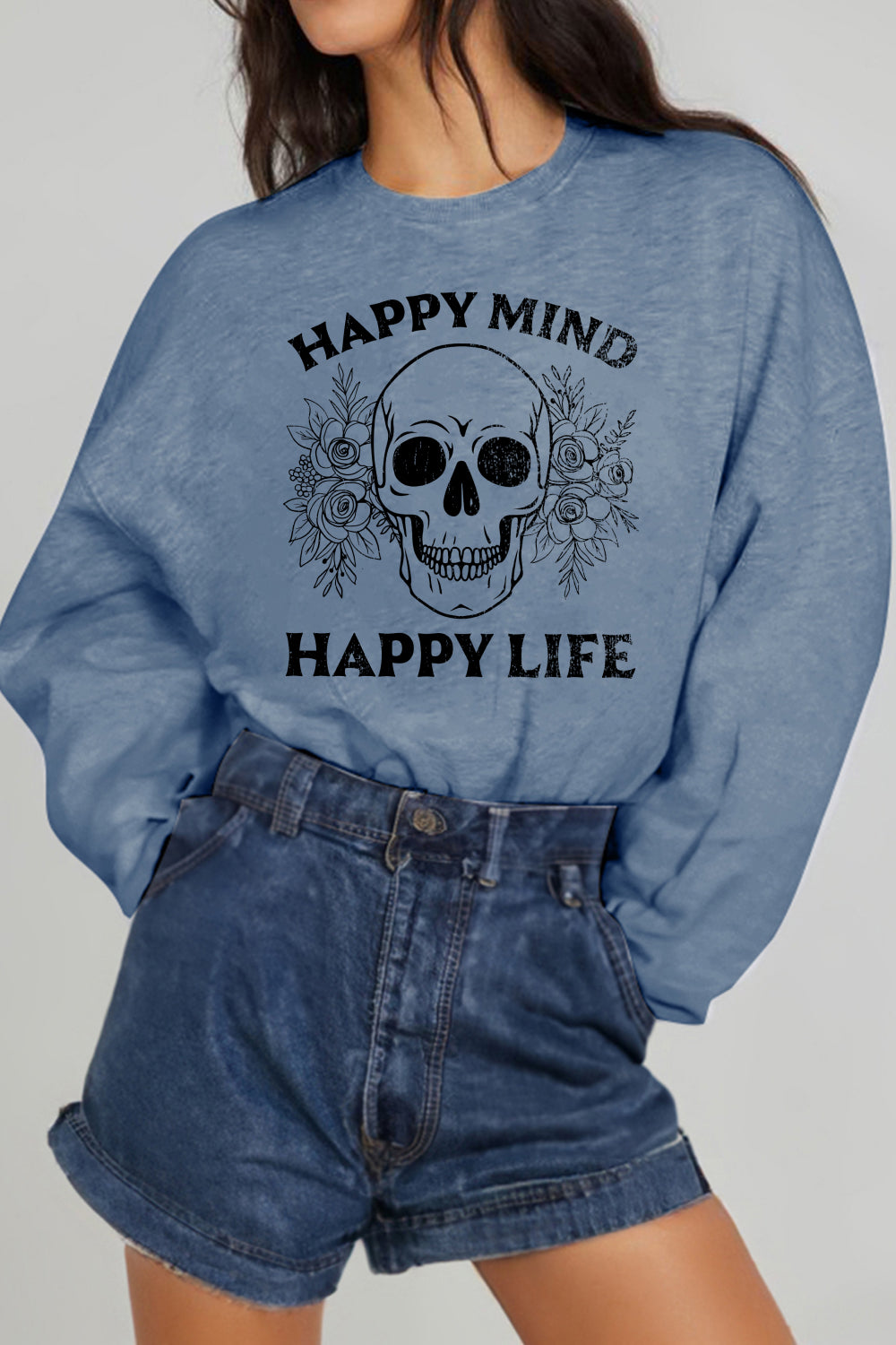 Simply Love Skull Sweatshirt: Happy Mind, Happy Life