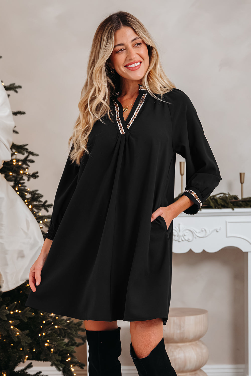 Black Contrast Trim V Neck Bracelet Sleeve Shift Mini Dress For Women Casual Party Wear Dear-Lover Dropshipping