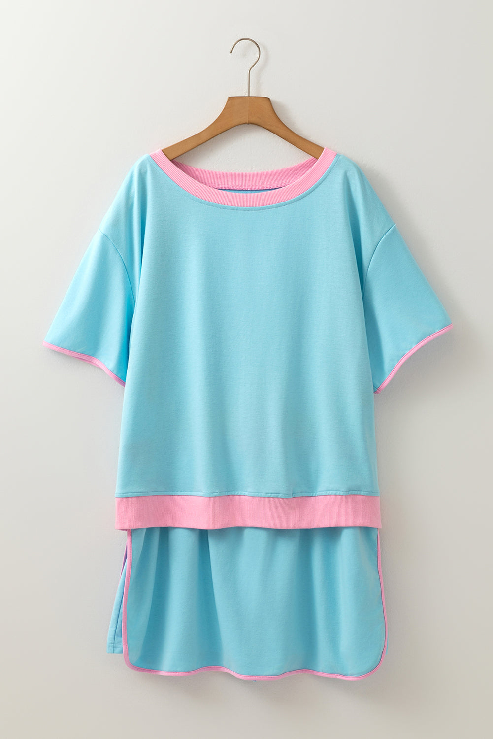 Turquoise Plus Size Contrast Trim Tee Skirt Two Piece Set