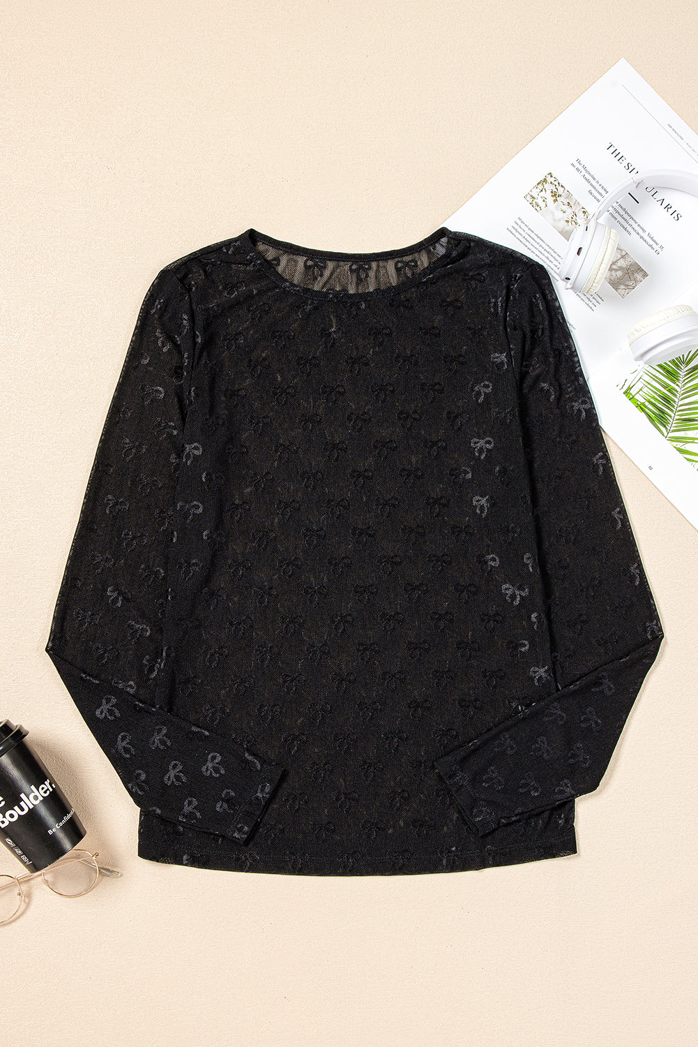 Black Mesh Bow Pattern Long Sleeve Top for Women