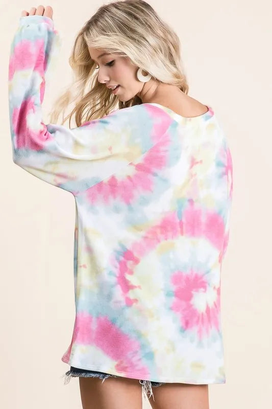 BiBi Tie Dye Print Terry Top With Puff Sleeves - Love Salve