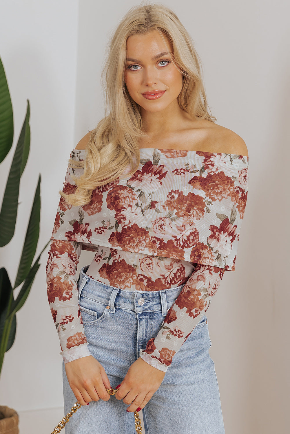 Pink Floral Printed Long Sleeve Sheath Bodysuit for Women