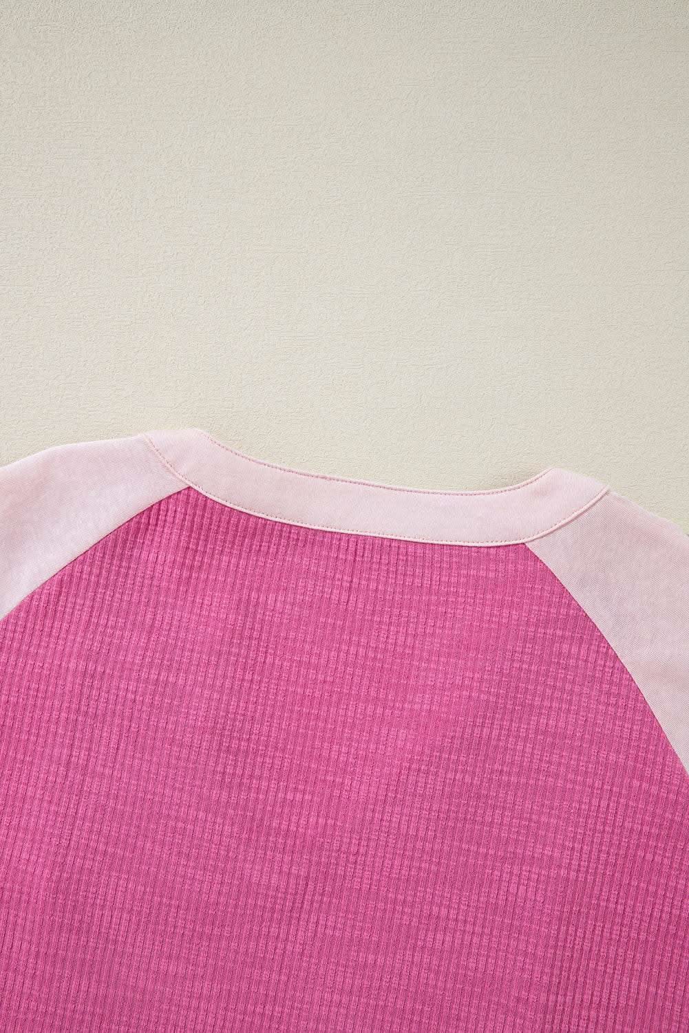 Bright Pink Textured Colorblock 3/4 Sleeve Oversize Top - Love Salve