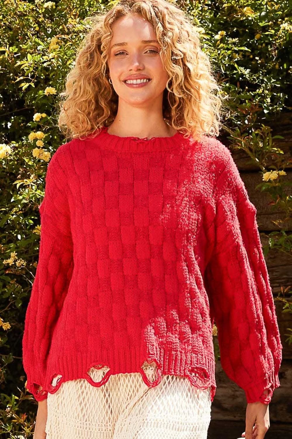 POL Checkered Distressed Edge Sweater - Love Salve