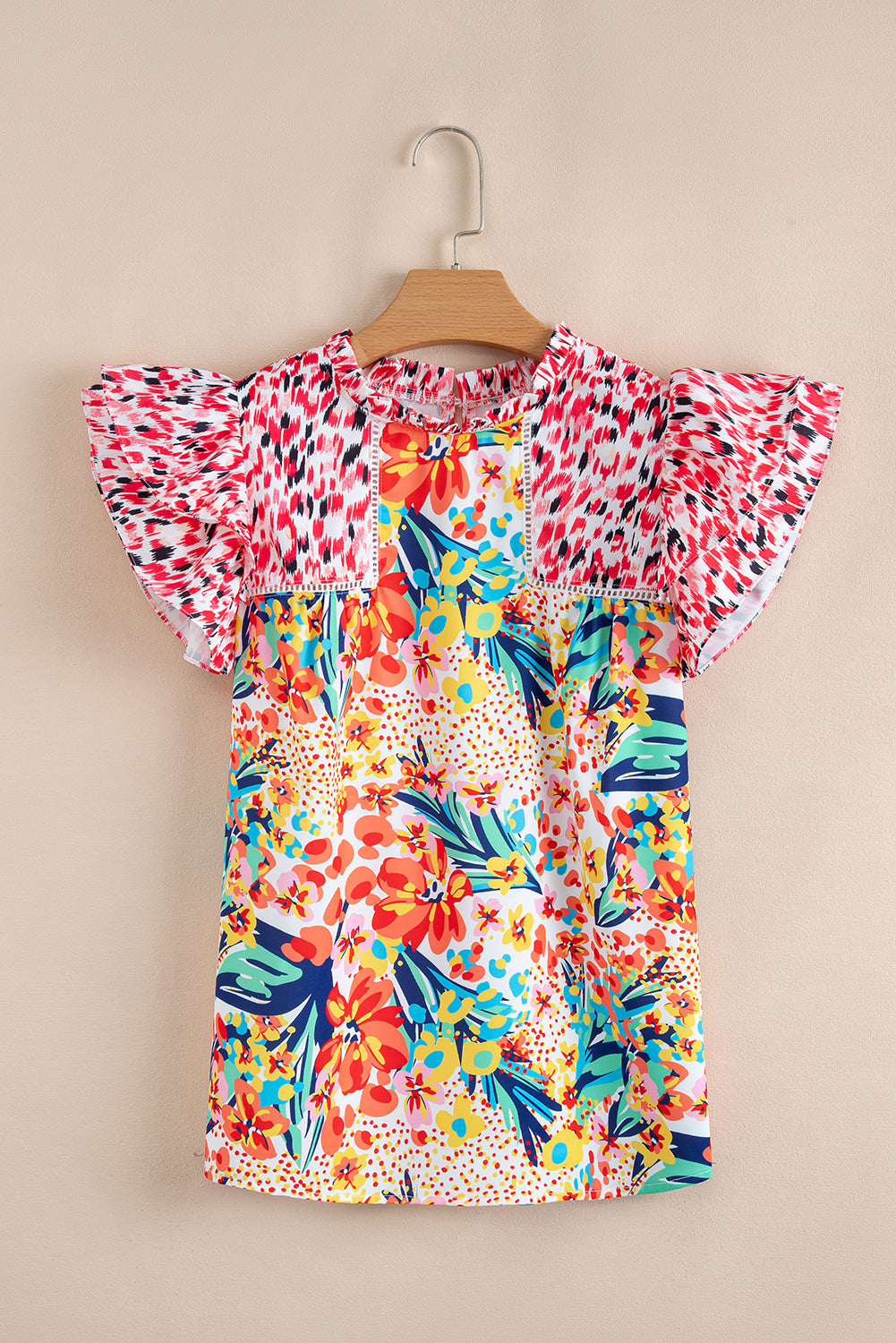 Red Floral Mixed Print Ruffle Cap Sleeve Blouse for Women