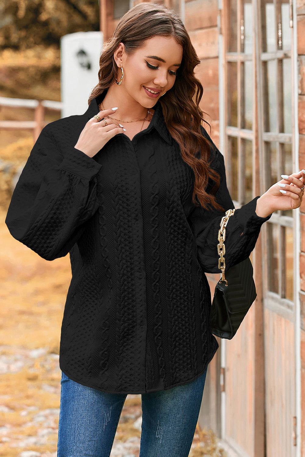 Premium Black Cable Texture Puff Sleeve Shacket Loose Fit Outerwear