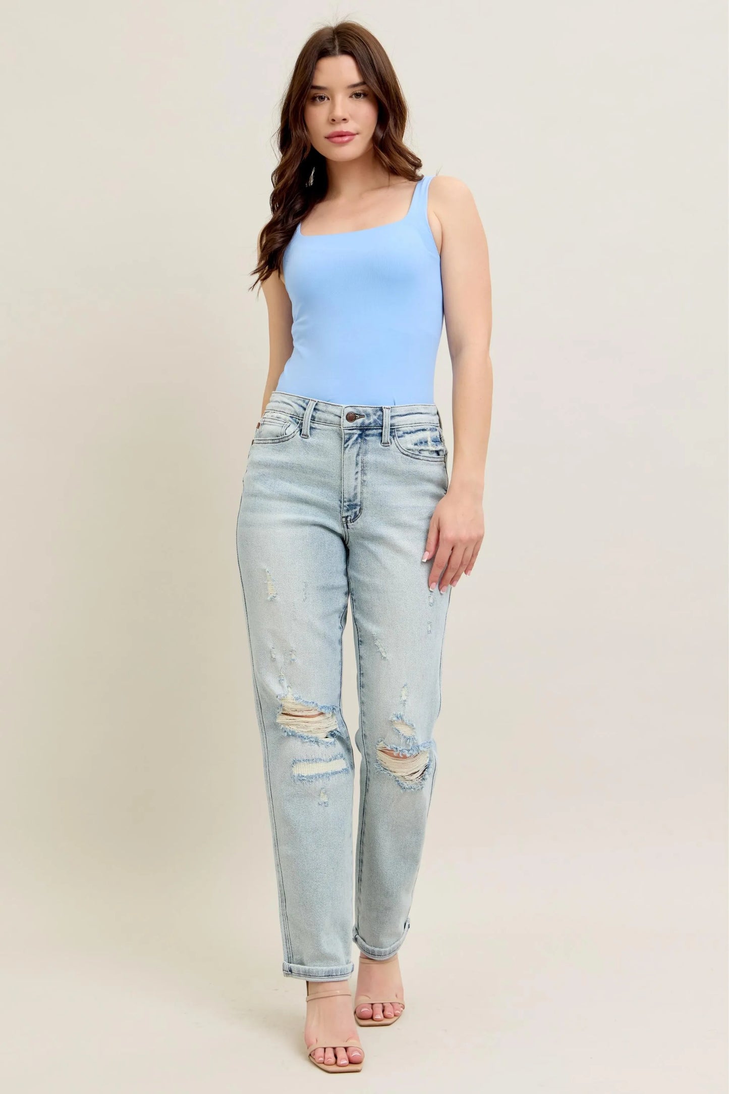 Judy Blue Plus Size Full Size Mr Repair Stitch Detail Destroyed Boyfriend Jeans - Love Salve