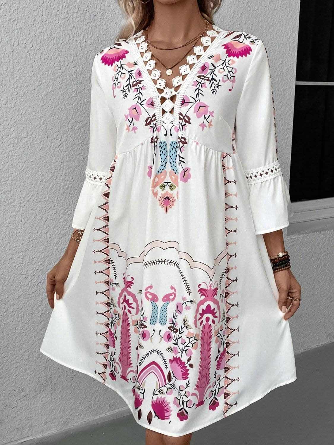 Lace Printed Three-Quarter Dress with Sheer Elegance - Love Salve