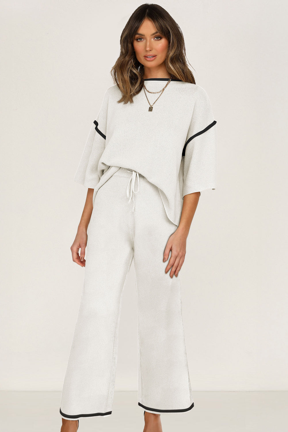 Premium White Contrast Trim Half Sleeve Top Drawstring Pants Set