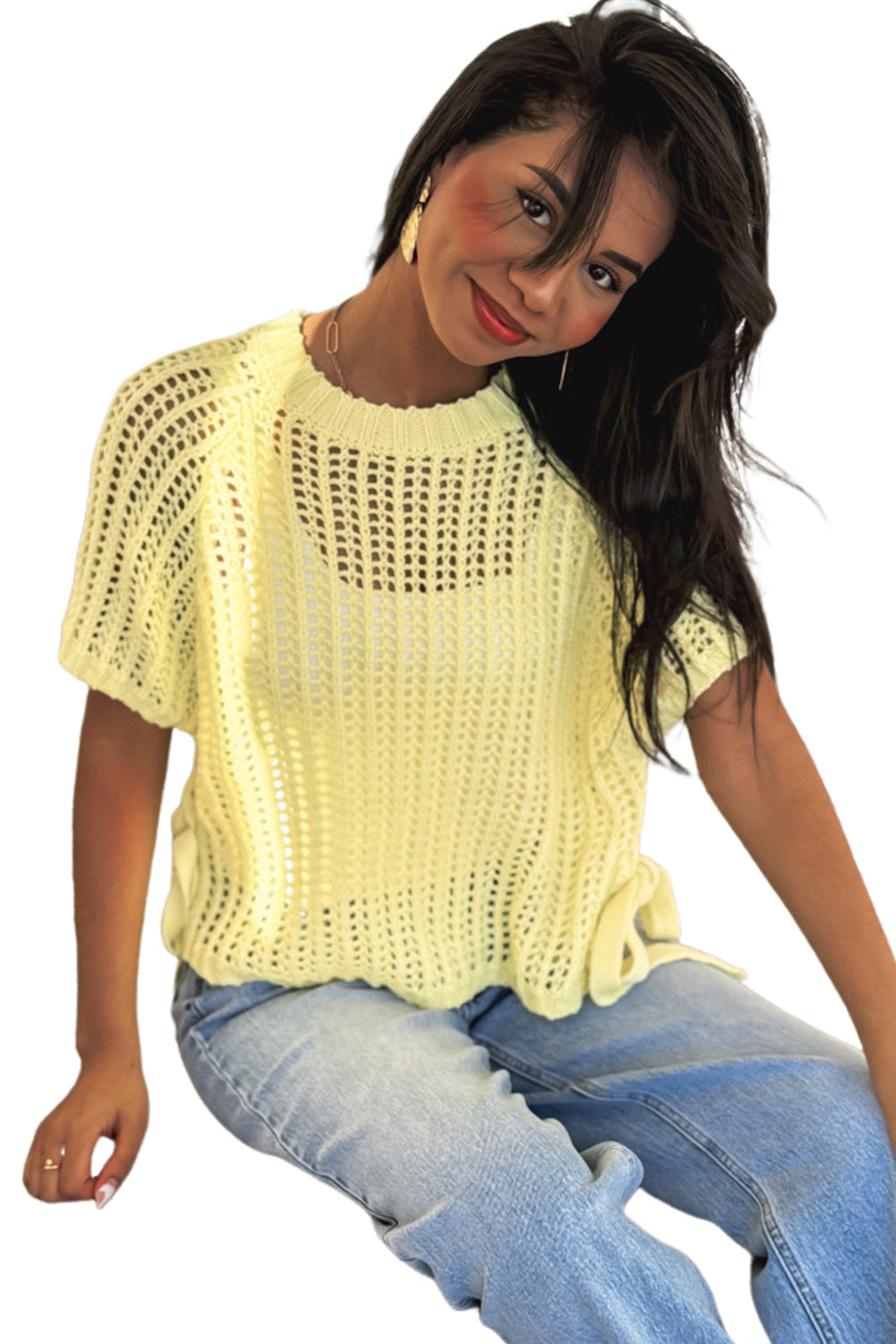 Yellow Cream Hollow-out Crochet Side Tied Short Sleeve Sweater