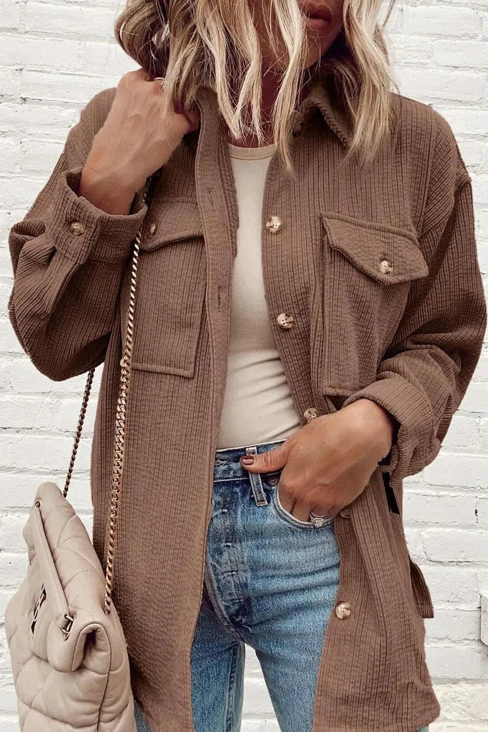 Cozy button-up shacket with pockets - Love Salve