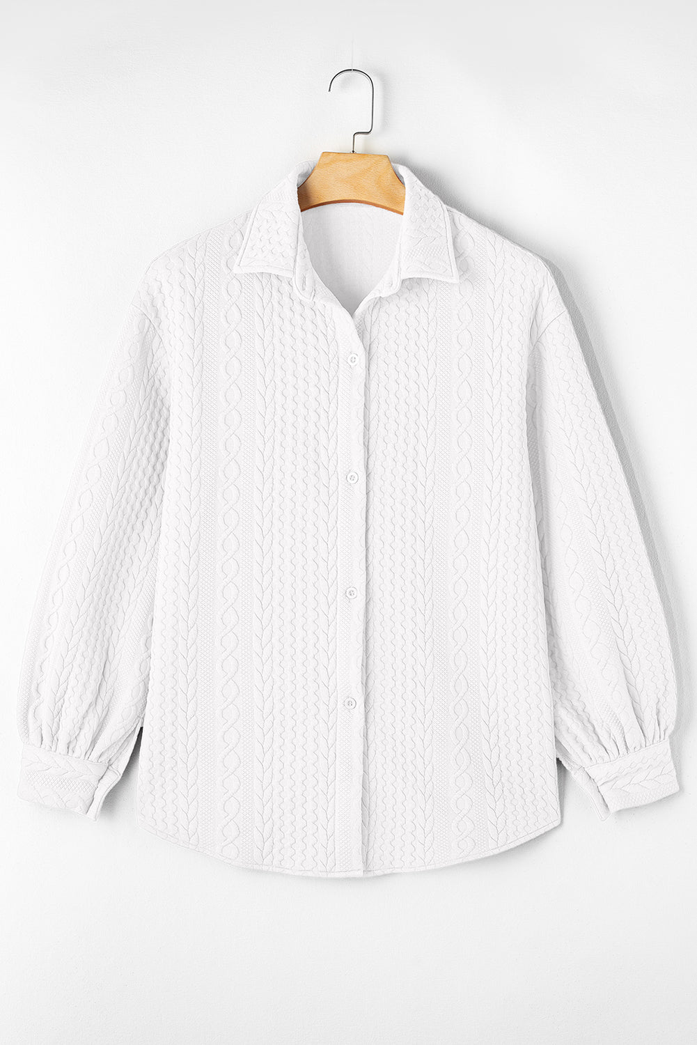 White Cable Texture Puff Sleeve Loose Shacket Casual Wear