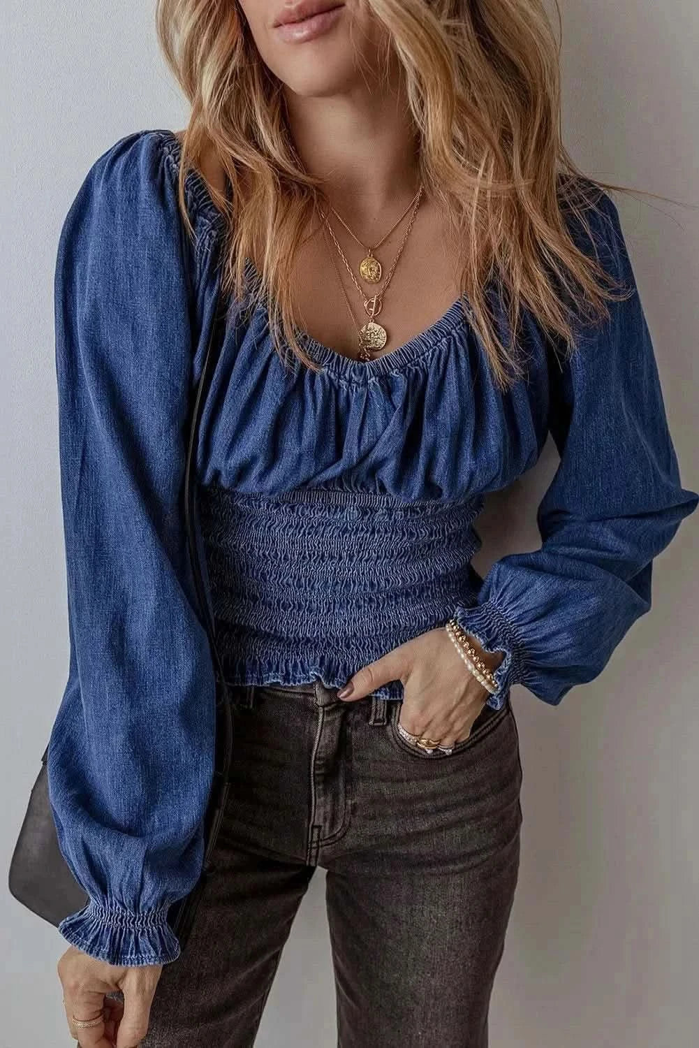 Smocked denim long sleeve top - Love Salve