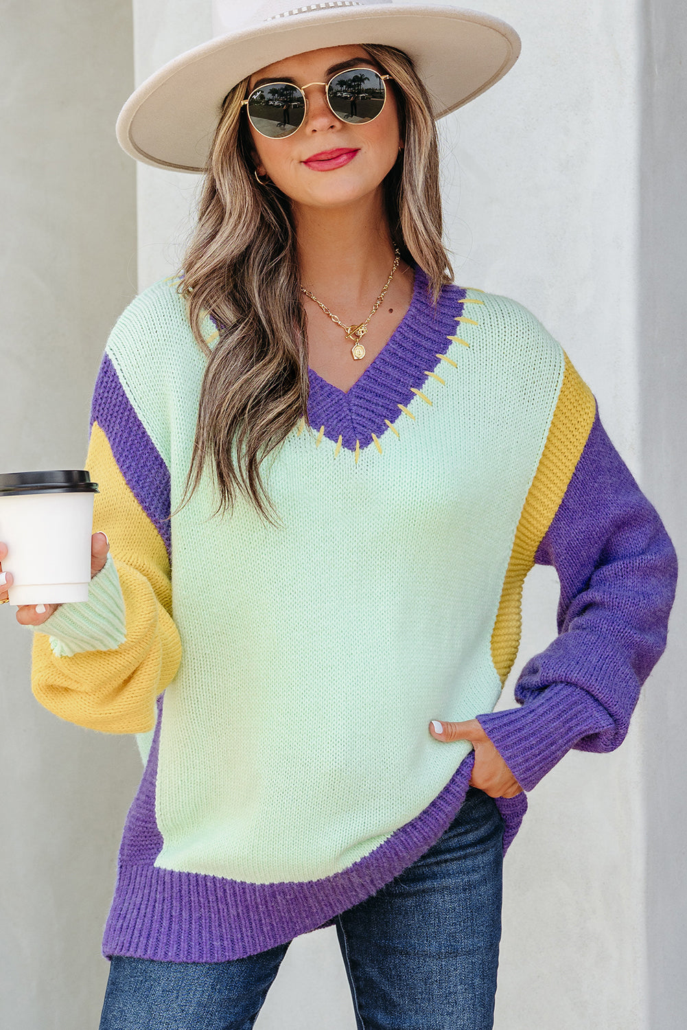 Premium Green Stitched V Neck Color Block Knitted Drop Shoulder Sweater