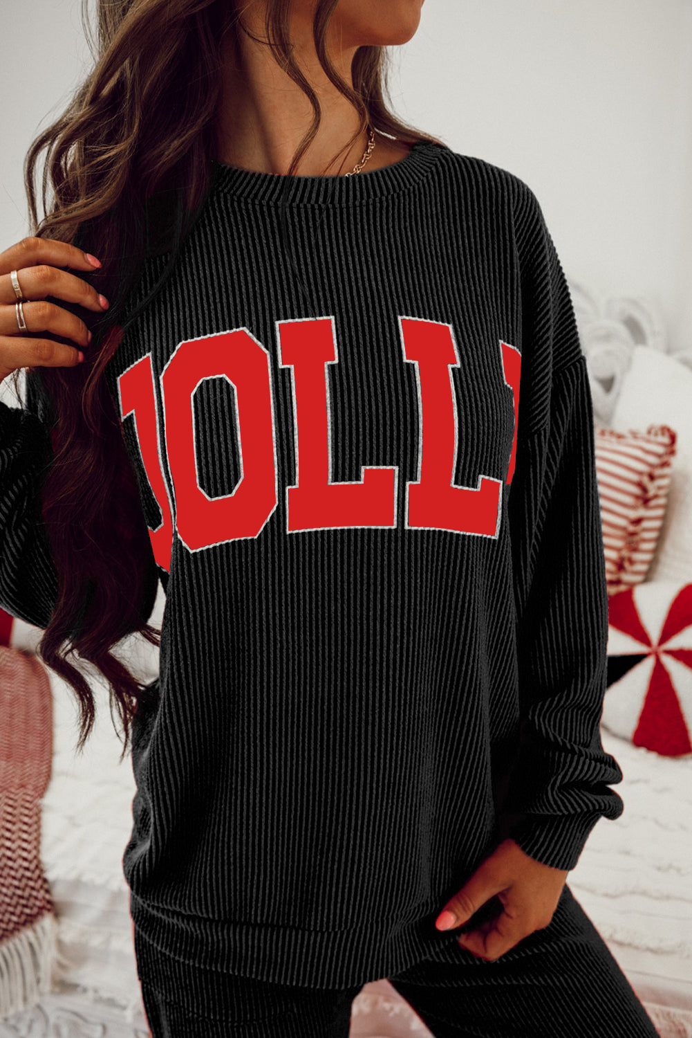 Black Jolly Corded Long Sleeve Top And Pockets Pants Set