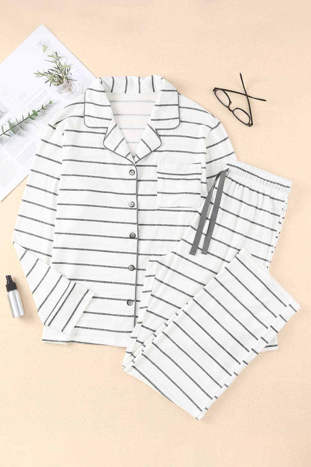 Chic striped lounge set, v-neck, drawstring pants - Love Salve