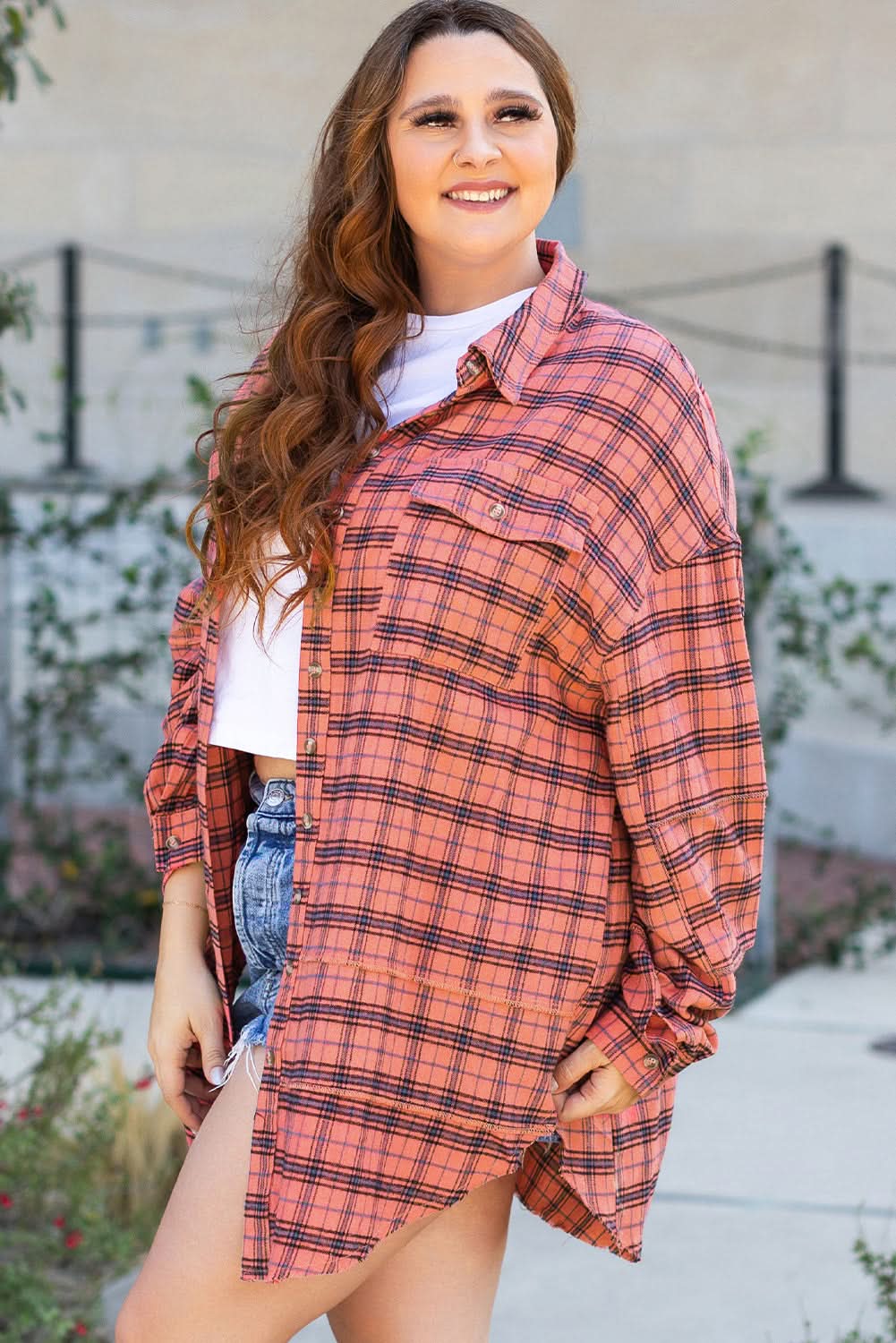 Red Plaid Long Sleeeve Side Split Distressed Hem Shirt - Love Salve