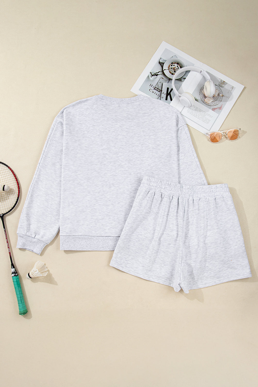 Light Grey Girly Bow Embroidered Puff Sleeve Two Piece Set