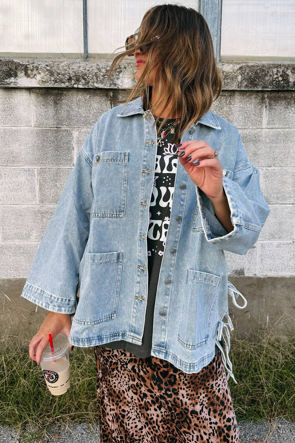 Beau Blue Patchwork Pockets Side Tie Boyfriend Denim Jacket