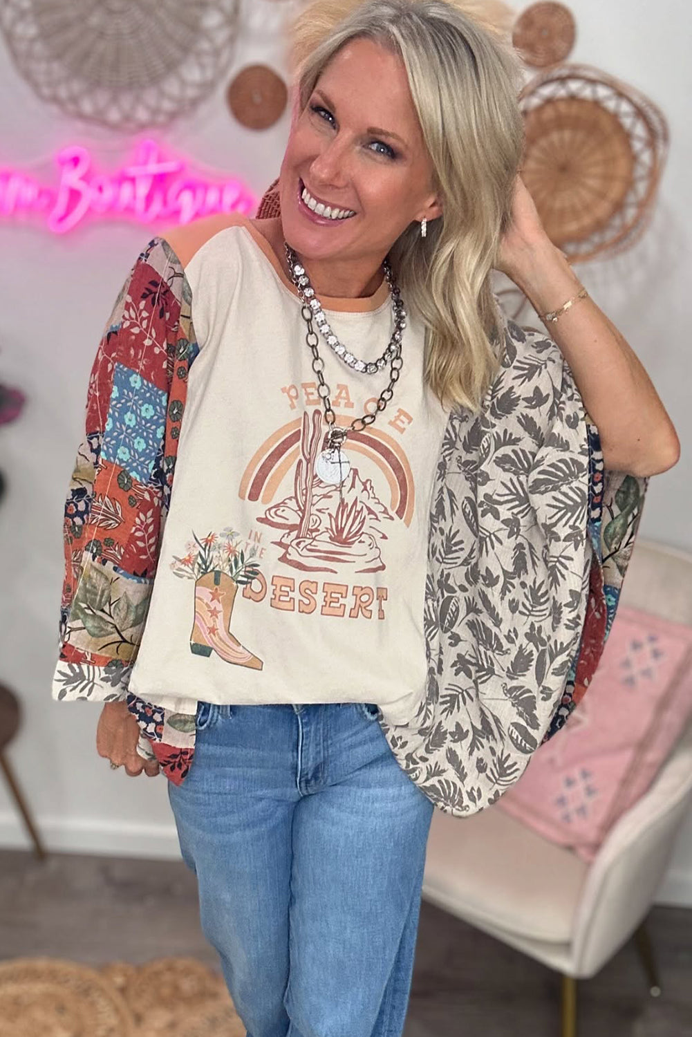 Multicolour Asymmetric Printed Patchwork Sleeve Top for Women