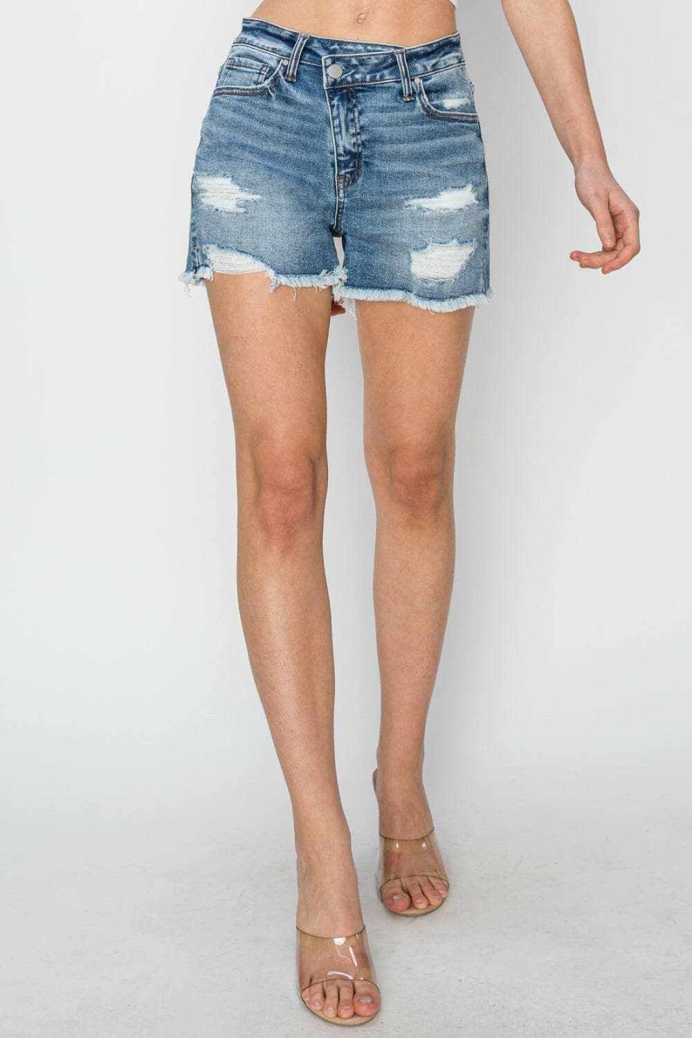 Risen frayed denim shorts, stepped waist - Love Salve