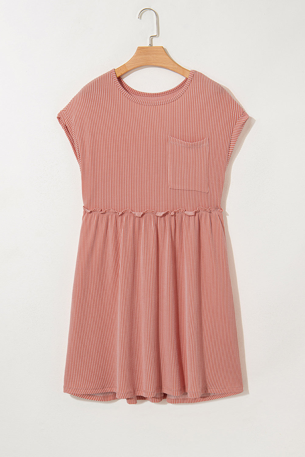 Dusty Pink Corded Knit Textured Patched Pocket Frilled Swing Mini Dress