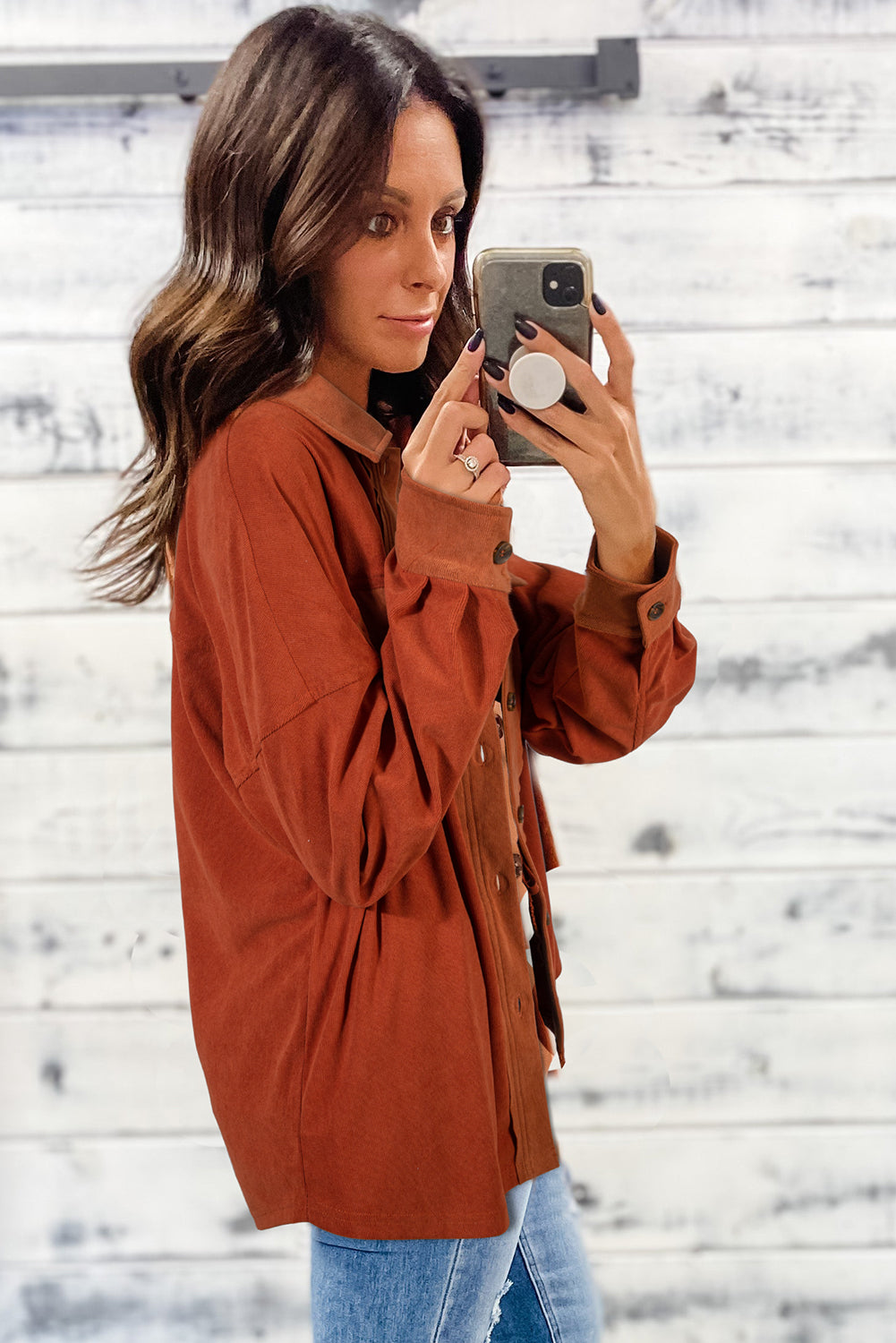 Gold Flame Velvet Flap Pockets Drop Shoulder Casual Shacket For Everyday Wear Versatile Layering Piece For Cool Weather Dear-Lover Dropshipping