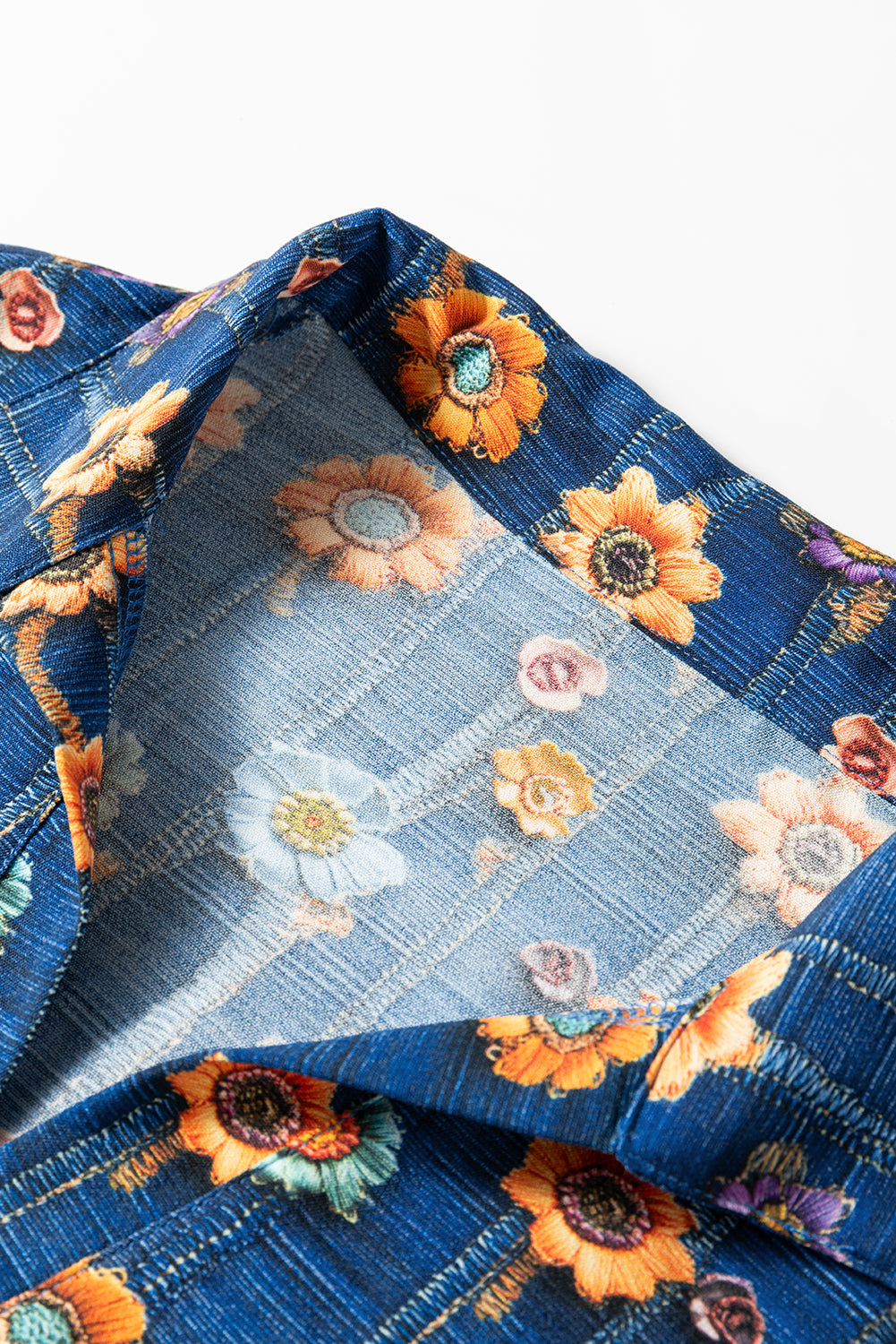 Premium Blue Floral Collared V Neck Roll Up Sleeve Blouse