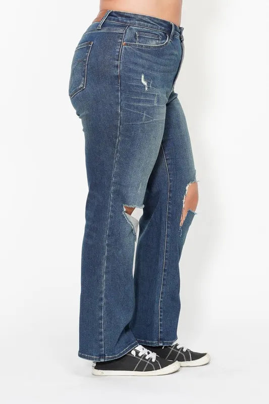 Judy Blue Plus Size High Waisted Ripped Knee Dad Jeans - Love Salve