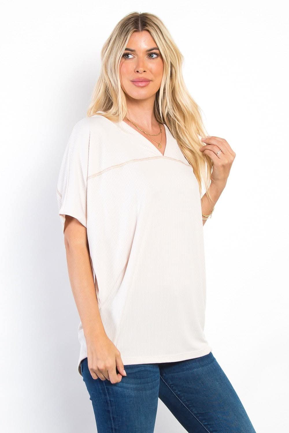 Be Stage Full Size V-Neck Short Sleeve Ribbed Top - Love Salve