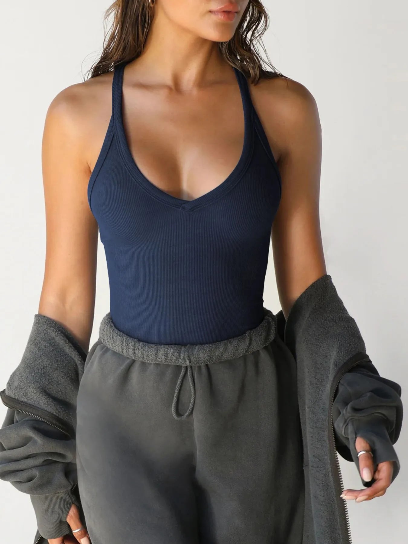 Ribbed V-Neck Halter Tank Top