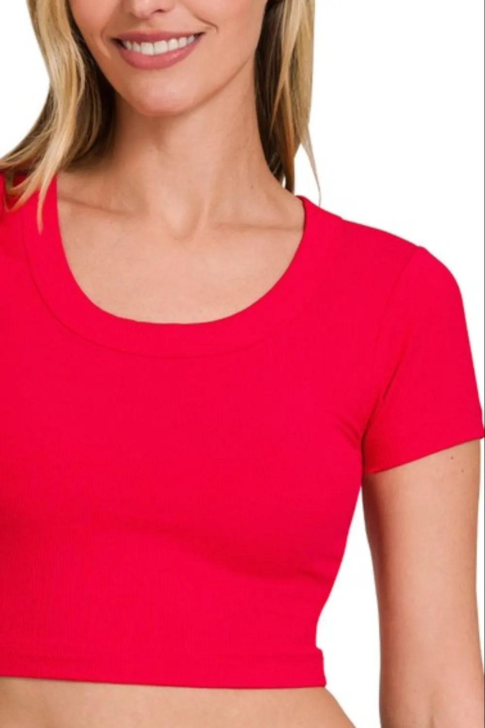 Zenana Ribbed Scoop Neck Crop Short Sleeve Top - Love Salve