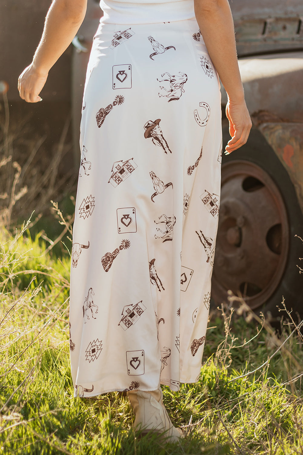 Beige Western Print Satin Long Skirt for Stylish Outfits